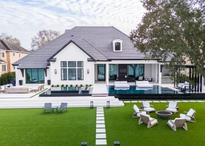 Reflections, pool and outdoor seating
